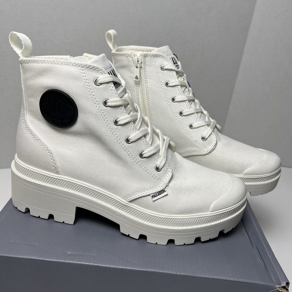 Palladium Pampa Hi Heritage Boots Lace Up Canvas White High Top Combat Sz 9 NIB